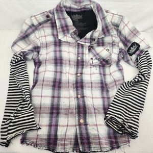 Kingsley Girls size 4 Distressed purple button down plaid long sleeve shirt